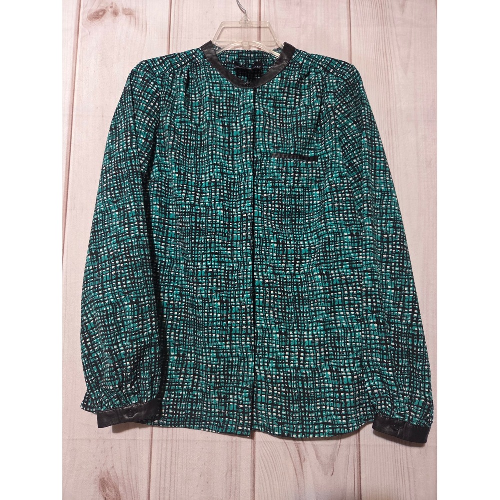 Cynthia Rowley Green Black Grid Print Blouse Faux Leather Trim Small Career